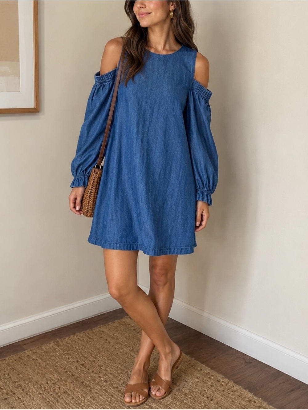 Zara Blue Cold-Shoulder Denim Mini Dress